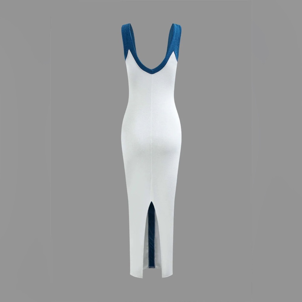 Sleeveless white Maxi Dress with Teal Center Panel - Picture 3 of 3